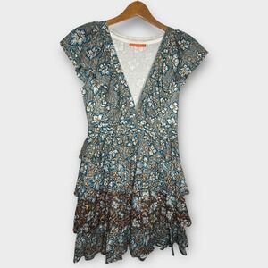 Oliphant Ruffle Tiered Deep V-Neck Mini Dress Blue Gold Floral Boho Chic Fall XS